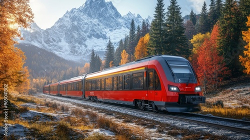 Unmanned train, moving through a mountain pass, early morning light