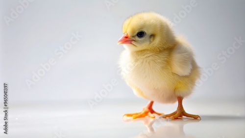 Cute little chick standing alone on a white background captured with a wide angle lens, bird, cute expression, innocence, cheerful, little, feathery, poultry, wide-angle, yellow