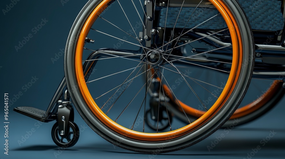 Wheelchair footrest, with a foot resting on it, close-up view, office background Wheelchair footrest, with a foot resting on it, close-up view, office background