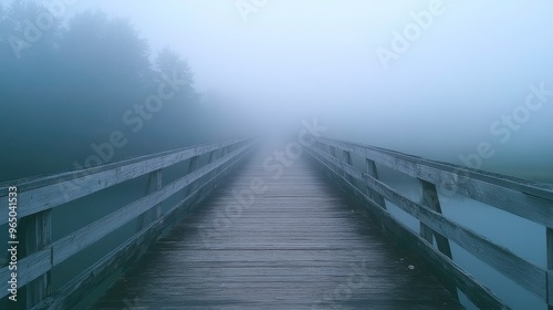 A fog-covered bridge with no visible end in sight, [uncertainty], [crossing into the unknown]