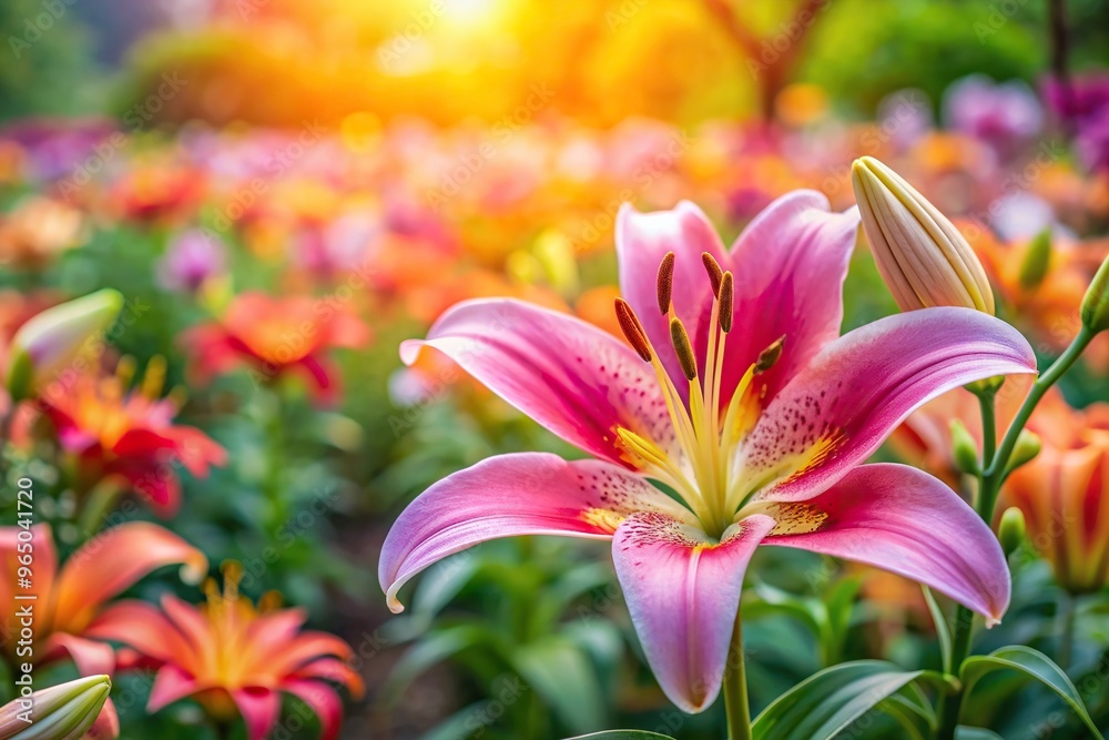 Fototapeta premium Close up of a beautiful lily flower in a vibrant flower garden surrounded by natural background, flora, beautiful, close-up, beauty, pistil, stamen, detail, summer, botanical, plant, closeup