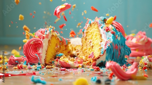 Fallen cake with brightly colored frosting and smashed decorations on the floor, a close-up shot. Focus point, no logo, no people. photo