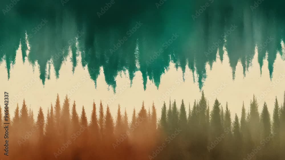 landscape with silhouettes of green and orange coniferous trees in the mist. Abstract retro pine tree forest. Copy space slow motion background