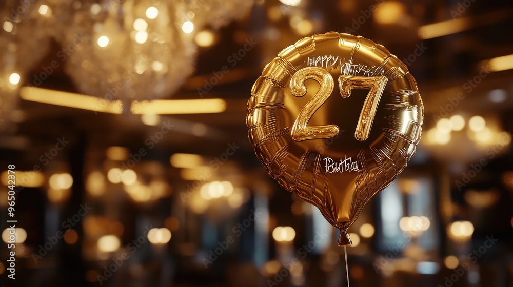 Golden balloon featuring 'Happy Birthday' and the number 27, displayed against a luxurious background. Focus point, no logo, no people.