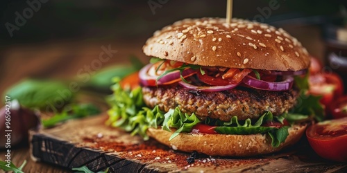 Plant-Based Burger on Country-Style Table Featuring Veggie Patty with Hearty, Meaty Flavor