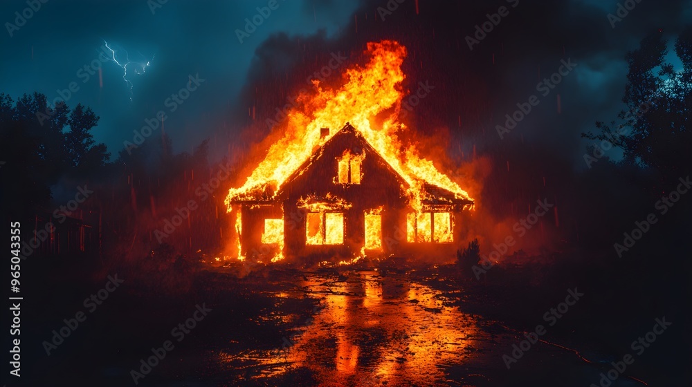 A stormy night with lightning striking a house, igniting it into a massive inferno A stormy night with lightning striking a house, igniting it into a massive inferno