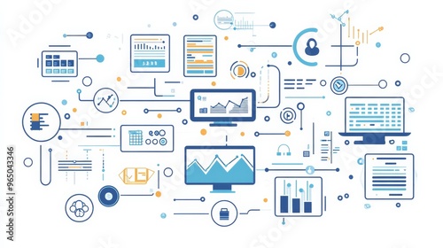 Digital illustration representing data analytics and technology, showcasing various devices, charts, graphs, and interconnected lines symbolizing data flow and analysis processes.
