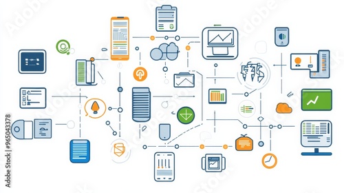 An abstract illustration depicting various digital devices and data connections, representing information technology and interconnected systems in a modern, networked environment.