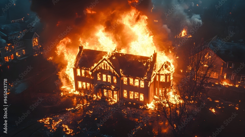 Aerial shot of a burning house at night, intense flames lighting up the scene, providing a detailed overview for insurance documentation Aerial shot of a burning house at night, intense flames lighting up the scene, providing a detailed overview for insurance documentation