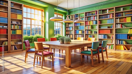 1: A vibrant room houses a library, featuring a sturdy wooden table and chairs for focused study, surrounded