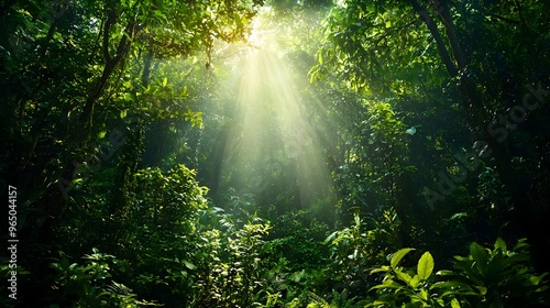 Lush Green Forest Bathed in Warm Sunlight Streaming Through Canopy of Leaves