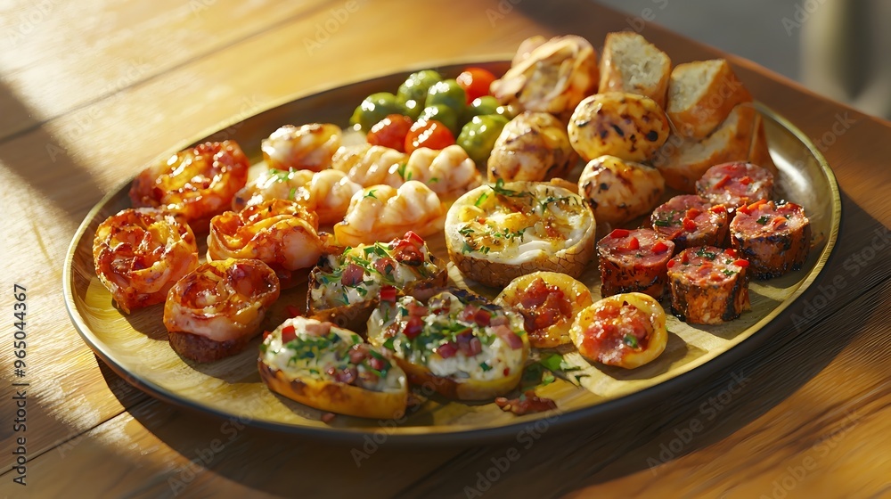 Appetizing Assortment of Savory Canapes and Hors d Oeuvres on Rustic Wooden Platter