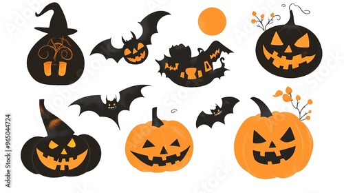 Happy Halloween set on a white background, featuring a collection of festive elements. This design includes various Halloween-themed items such as pumpkins, ghosts, bats, and candies,