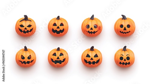 Happy Halloween set on a white background, featuring a collection of festive elements. This design includes various Halloween-themed items such as pumpkins, ghosts, bats, and candies,