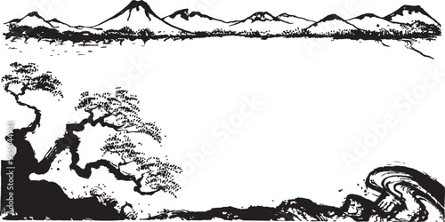 日本の風景　コピースペース　手書きの毛筆イラスト