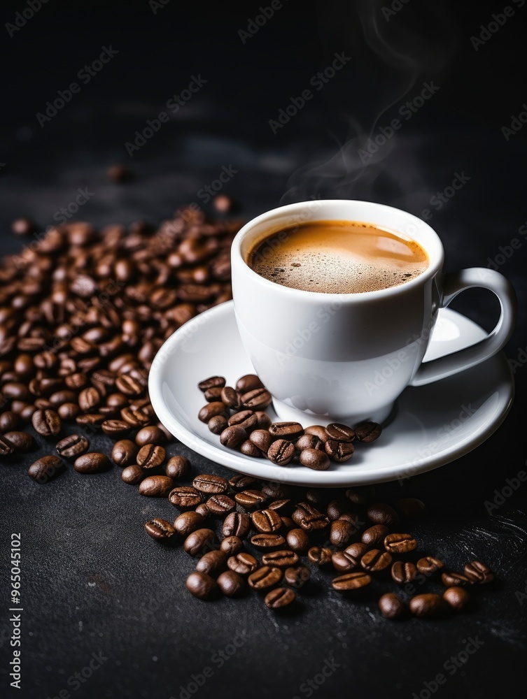 International Coffee Day. White coffee cup stock image. White coffee cup on dark background. Cup of coffee with coffee beans. Coffee Day poster, October 1. with generative ai