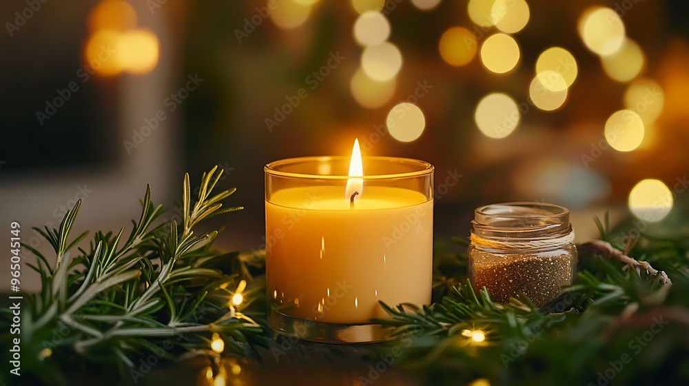 A candle in the center of the frame, surrounded by rosemary and bokeh lights A candle in the center of the frame, surrounded by rosemary and bokeh lights