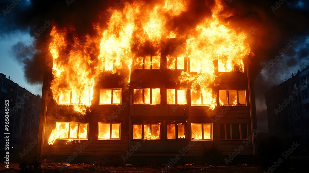 Nighttime blaze in an urban apartment, vivid flames consuming the building, intense glow illuminating the surrounding darkness, photo-realistic, smoke-filled sky, emergency scene