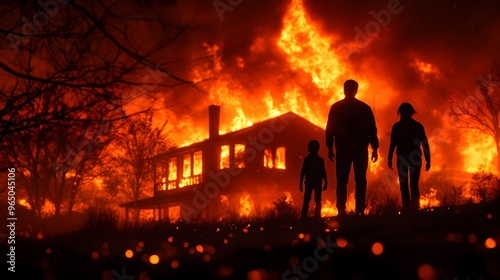 Nighttime blaze consuming a suburban home, family silhouettes in the foreground watching in shock, intense fire reflections, cinematic, dramatic lighting, digital painting photo