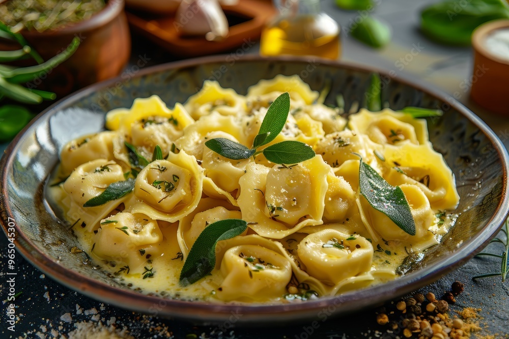 A plate of freshly made tortellini with sage butter sauce