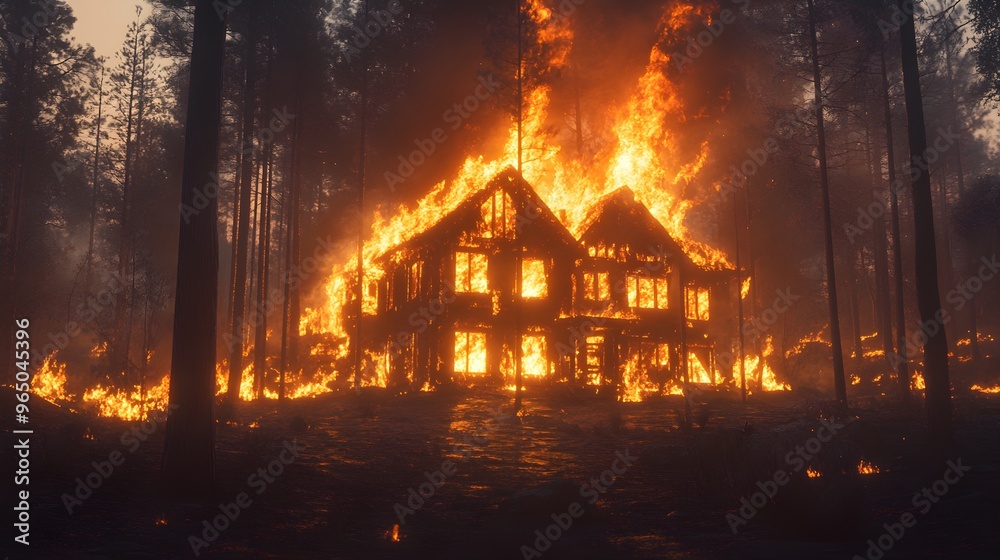 Nighttime forest fire scene, house burning intensely, glowing embers reflecting off trees, wildlife scattering, focused on insurance claims, cinematic shot
