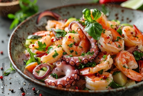 A beautifully presented insalata di mare with octopus, shrimp, and calamari