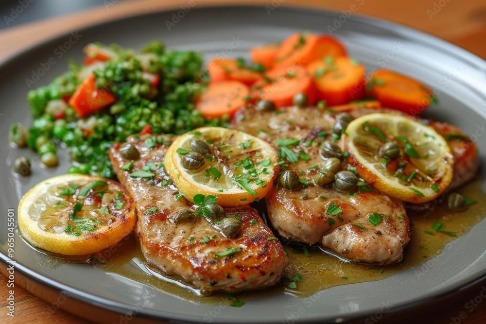 A plate of veal piccata with lemon caper sauce and side vegetables A plate of veal piccata with lemon caper sauce and side vegetables