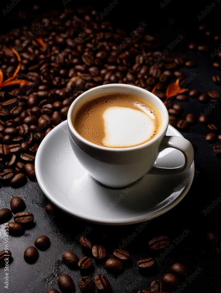 International Coffee Day. White coffee cup stock image. White coffee cup on dark background. Cup of coffee with coffee beans. Coffee Day poster, October 1. with generative ai