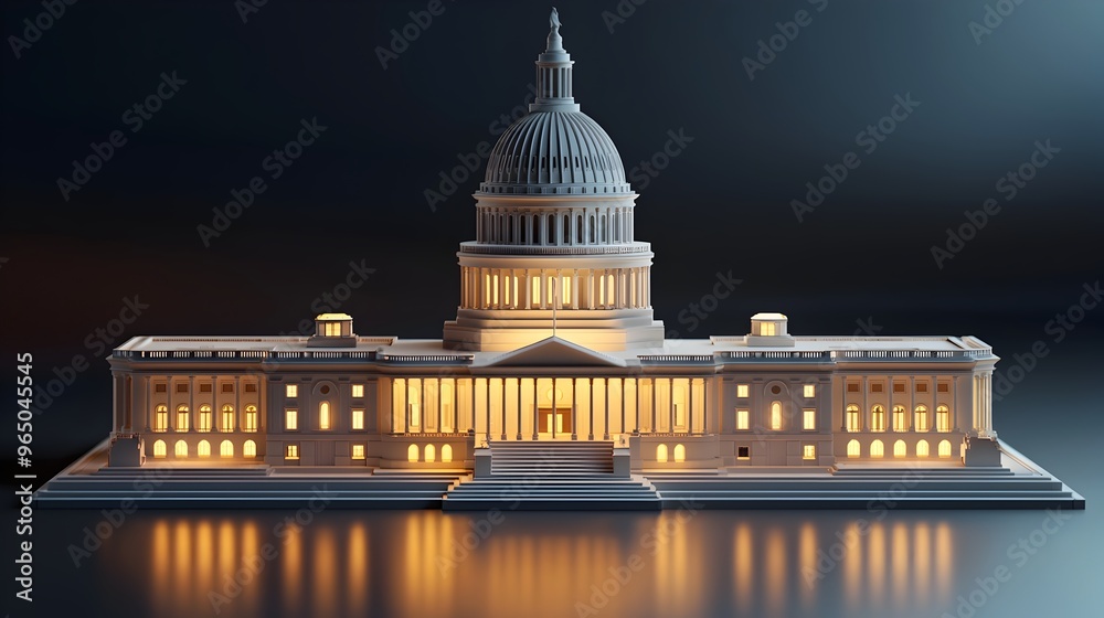 Fototapeta premium Iconic Illuminated Capitol Building Silhouetted on Nighttime Waters