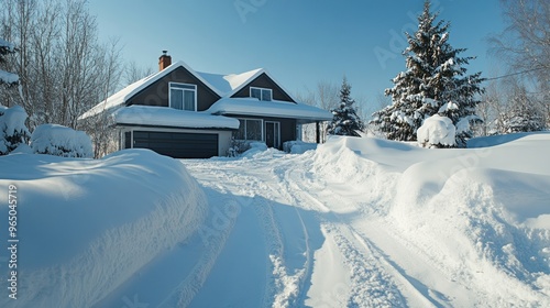 Close up view of a pile of snow being cleared from the driveway of a modern single-family home after a snowstorm. Ai generated image