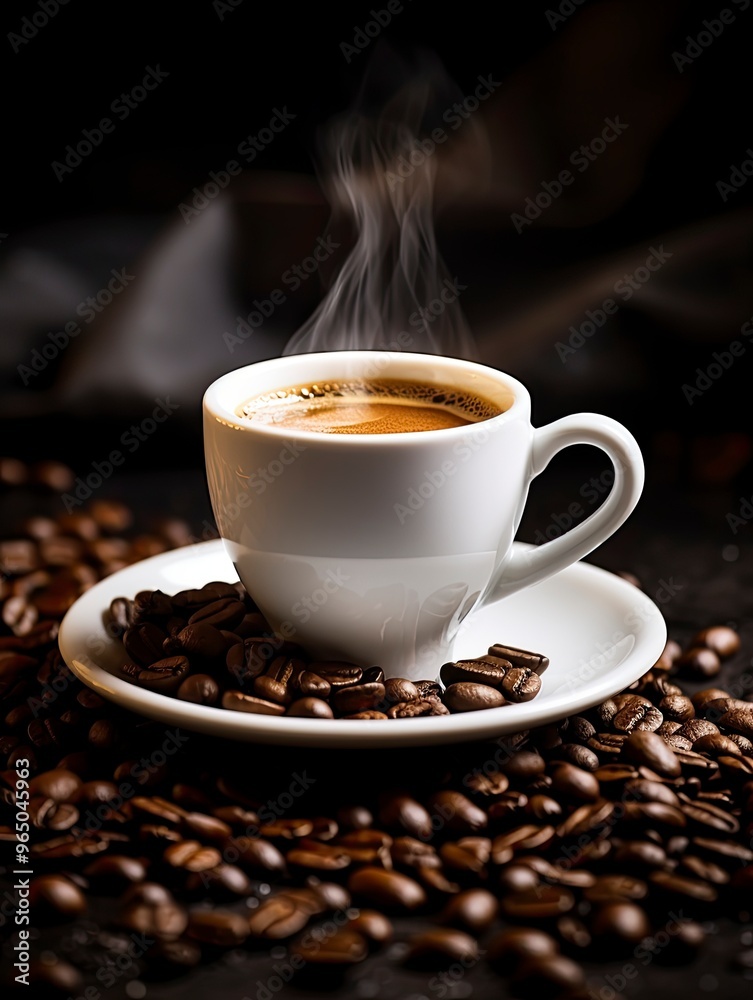 International Coffee Day. White coffee cup stock image. White coffee cup on dark background. Cup of coffee with coffee beans. Coffee Day poster, October 1. with generative ai International Coffee Day. White coffee cup stock image. White coffee cup on dark background. Cup of coffee with coffee beans. Coffee Day poster, October 1. with generative ai