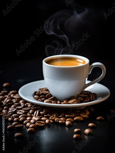 International Coffee Day. White coffee cup stock image. White coffee cup on dark background. Cup of coffee with coffee beans. Coffee Day poster, October 1. with generative ai