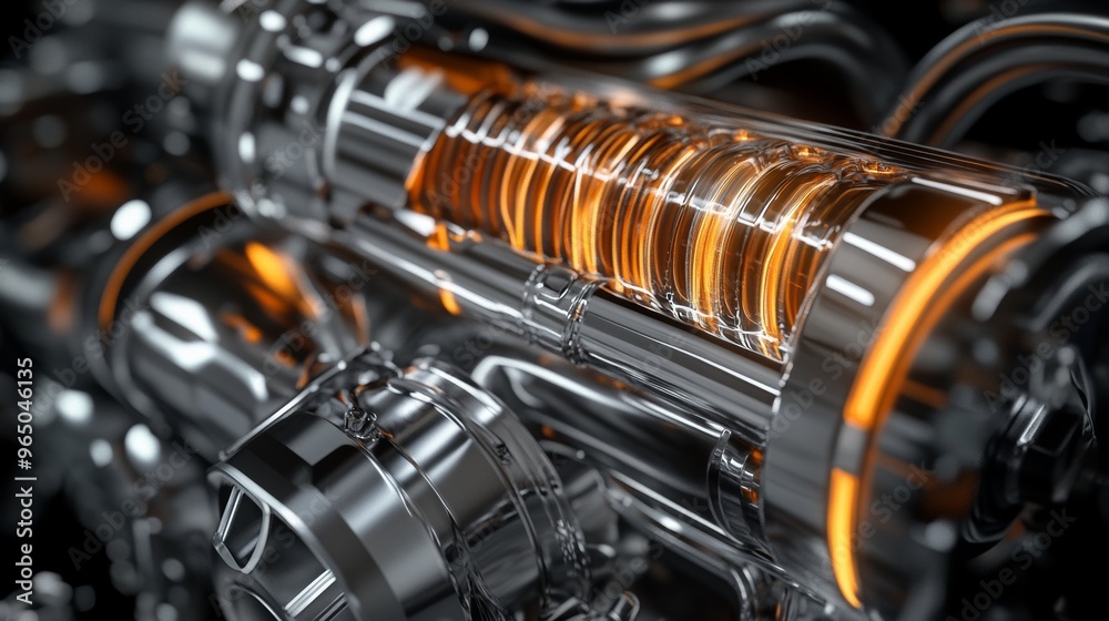 Close-up of a high-tech, futuristic engine component with glowing orange elements, showcasing intricate metallic details and advanced engineering design. Close-up of a high-tech, futuristic engine component with glowing orange elements, showcasing intricate metallic details and advanced engineering design.