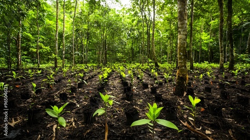 Lush Green Forest Landscape with Flourishing Vegetation and Sunbeams in Serene Woodland Setting