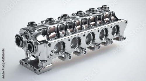 A detailed image of a shiny, metallic engine cylinder head, showcasing precision engineering and intricate design, typically used in automotive and mechanical applications.