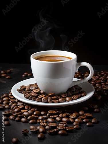 International Coffee Day. White coffee cup stock image. White coffee cup on dark background. Cup of coffee with coffee beans. Coffee Day poster, October 1. with generative ai