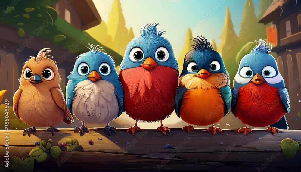 Fototapeta premium A group of cartoon birds commonly seen in backyards