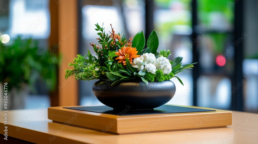 A beautiful arrangement of flowers in a black vase, with vibrant orange and white blooms, displayed indoors. A beautiful arrangement of flowers in a black vase, with vibrant orange and white blooms, displayed indoors.