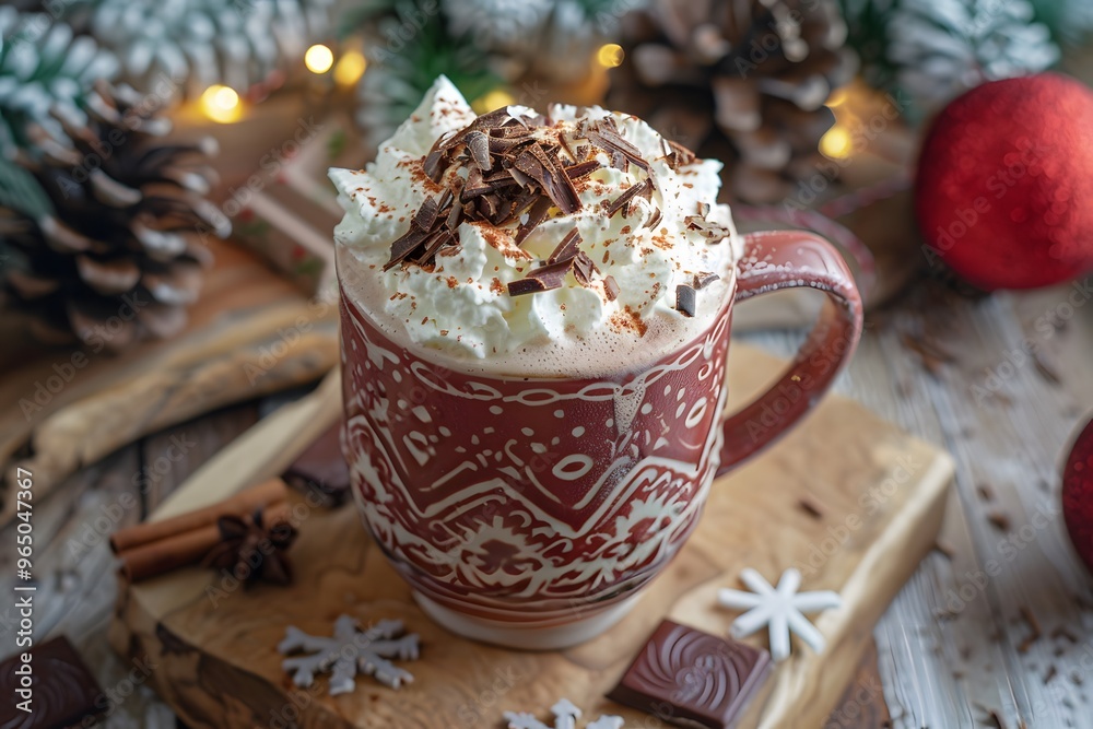 A luxurious hot chocolate with a rich, velvety texture, topped with whipped cream and chocolate shavings, served in a festive mug with a cozy winter atmosphere A luxurious hot chocolate with a rich, velvety texture, topped with whipped cream and chocolate shavings, served in a festive mug with a cozy winter atmosphere