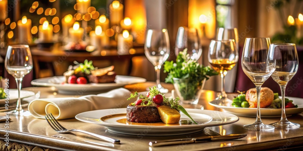 High-end dinner prepared with elegance, elegance, table setting, fine dining, luxurious, gourmet High-end dinner prepared with elegance, elegance, table setting, fine dining, luxurious, gourmet