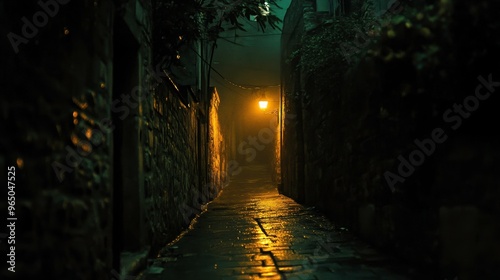 A dark alley lit only by a single flickering light, [mystery], [uncertainty in urban solitude]