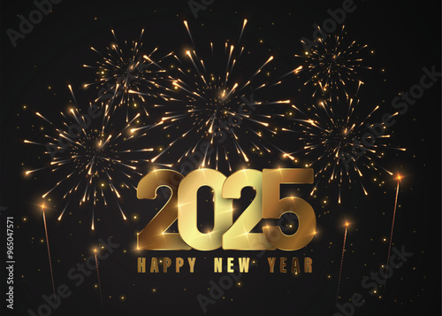 Happy New Year of glitter gold fireworks. Vector golden glittering text and 2025 numbers with sparkle shine for holiday greeting card