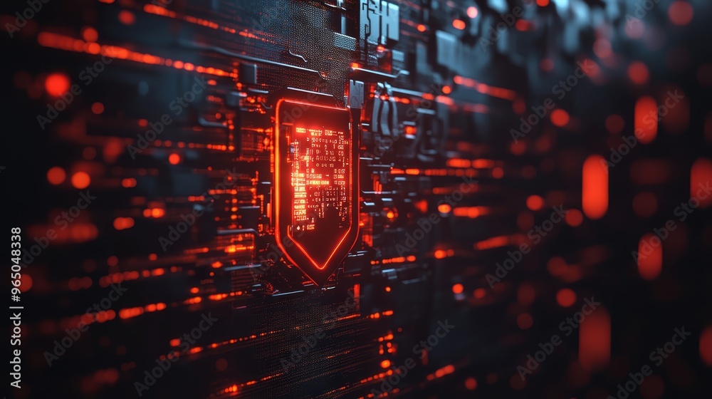 Obraz premium Red Cyber Security Shield on Circuit Board