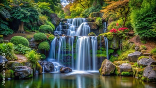 Waterfall long exposure with maple trees in Kyoto Japanese Garden in London, UK, waterfall, long exposure
