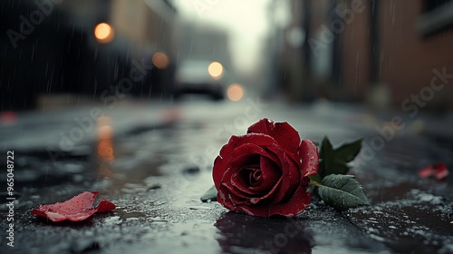 A single rose lying on the ground in a rain-soaked alley, [forgotten love], [fragility amidst harshness]