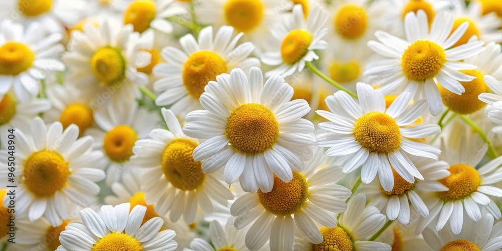 Fototapeta premium Chamomile flower texture background with fresh Matricaria chamomilla flowers blooming, chamomile, flower