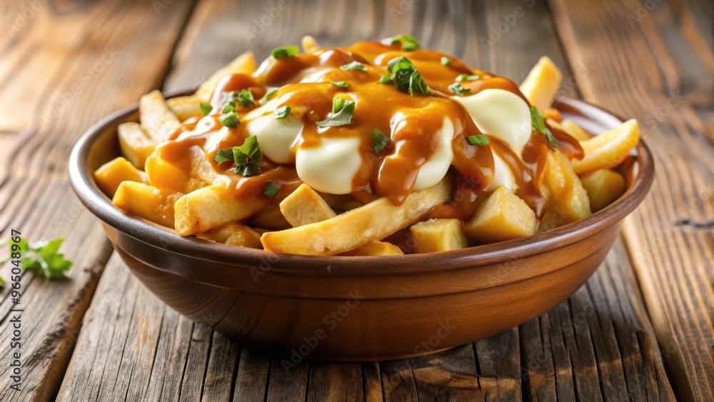 Delicious bowl of Canadian poutine with golden fries, melted cheese curds, and savory gravy , Canadian