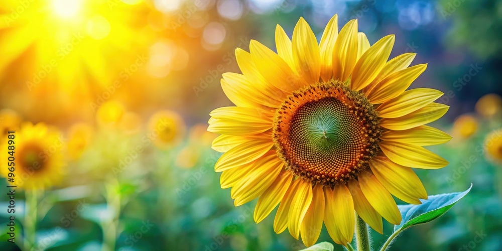 Fototapeta premium Vibrant sunflower in full bloom against a blurred natural background, Sunflower, vibrant, bloom, full, blurred, natural
