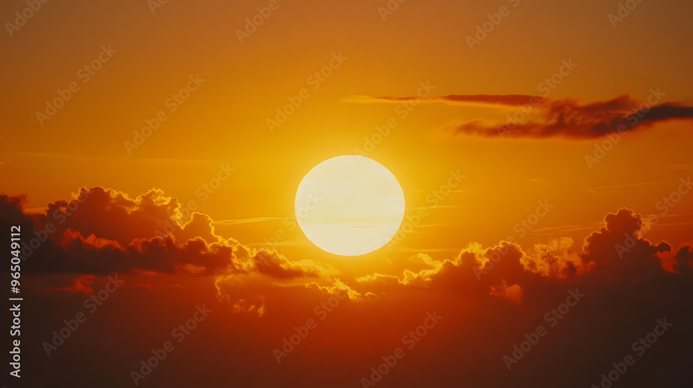 Sun glowing in orange and yellow with thin clouds crossing, creating a dramatic contrast against a darkening sky Sun glowing in orange and yellow with thin clouds crossing, creating a dramatic contrast against a darkening sky