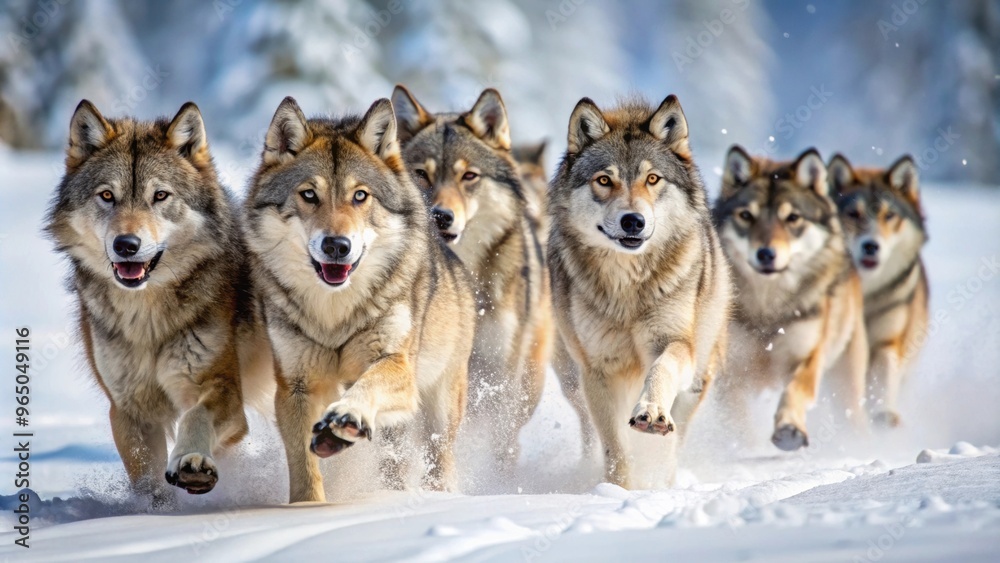 Closeup of a pack of wolves running on snow, wolves, animals, wildlife, pack, running, snow, winter, cold, fur, mammal